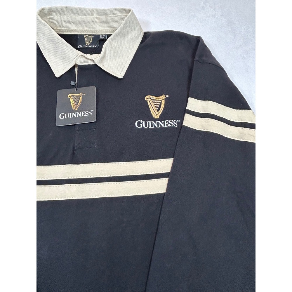 Guinness Mens Long Sleeve Rugby Shirt Black Gold Harp Logo Size L NWT - Picture 3 of 7